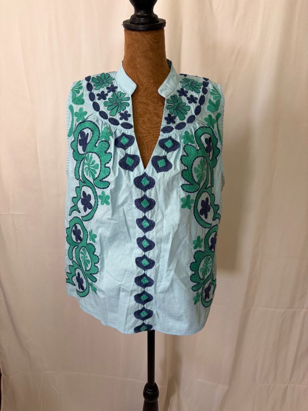 THML Embroidered Floral Sleeveless Blouse Blue Green Boho Top S